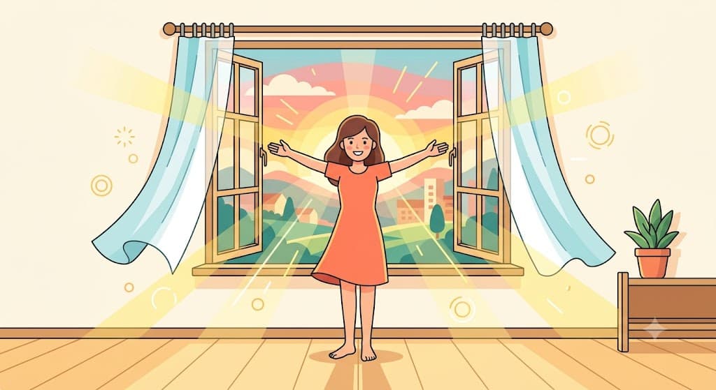 A person standing with arms opened wide toward a bright open window in the early morning