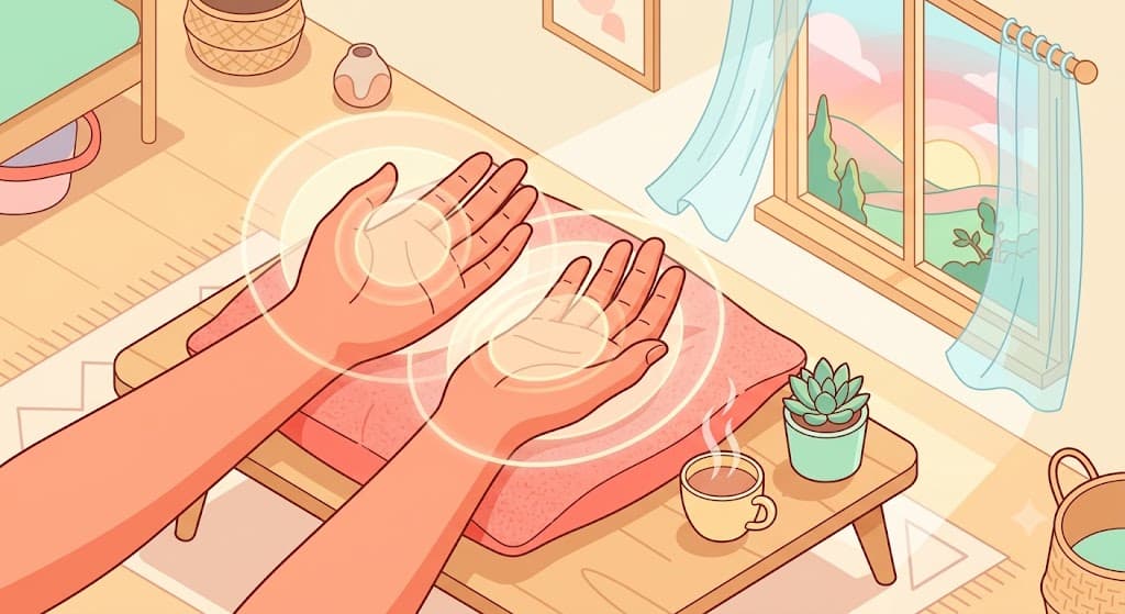 Hands resting calmly in a relaxed posture during a short morning Reiki practice