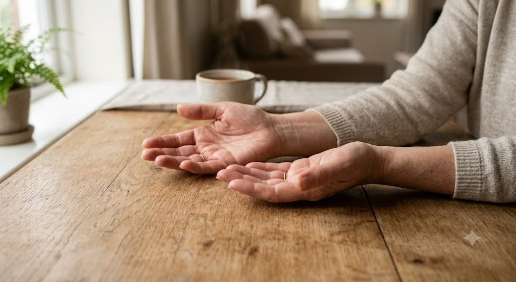 A quiet pair of hands resting palms-up in a calm, everyday setting