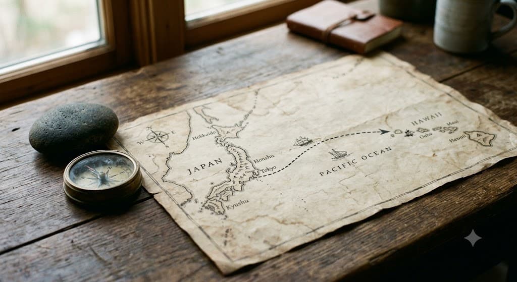 A weathered map tracing a path from Japan across the Pacific to Hawaii