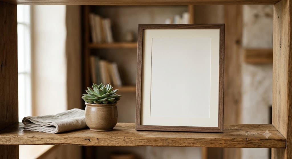 A plain framed Reiki certificate resting quietly on a wooden shelf in soft natural light