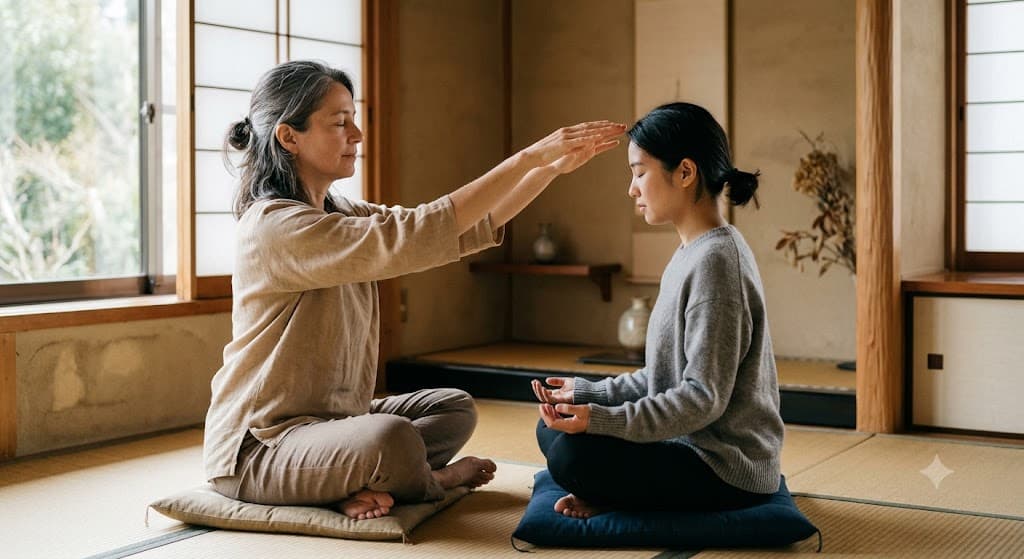 A teacher's hands held gently above a seated student's head during an in-person reiju attunement