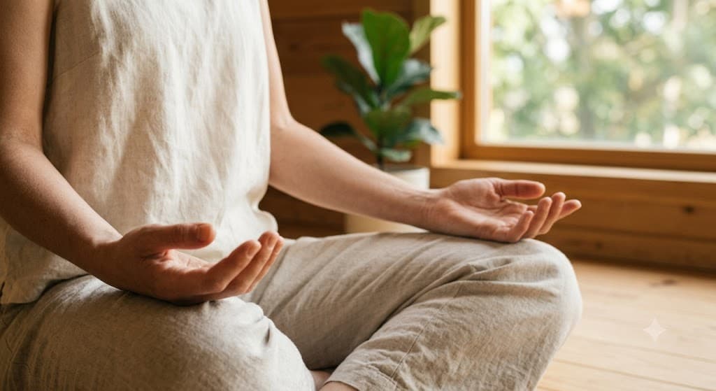 Hands resting open on a lap in a calm, sunlit room during a short morning Reiki practice
